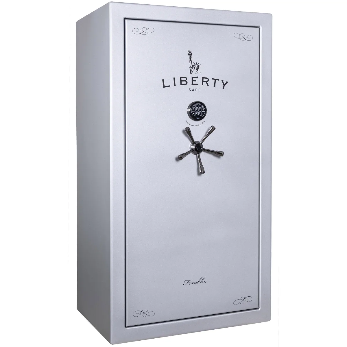 Liberty New Franklin 40 shown closed in black with a mechanical dial, a spoke handle, and decorative corner details.