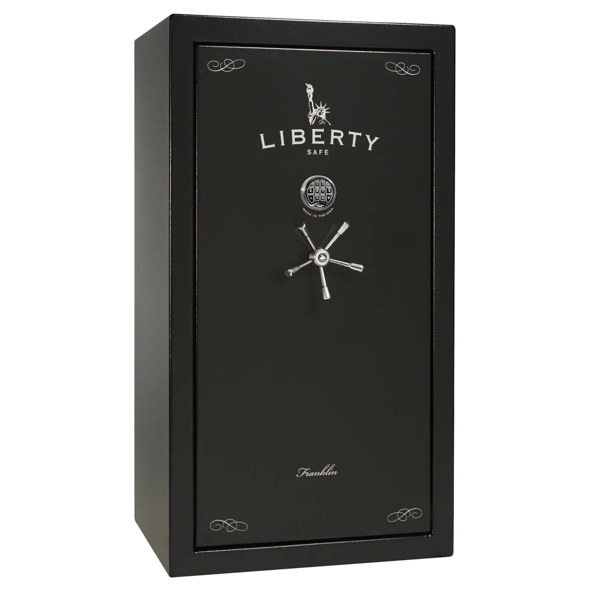 Liberty New Franklin 40 shown closed in brown with a mechanical dial, a spoke handle, and decorative corner details.