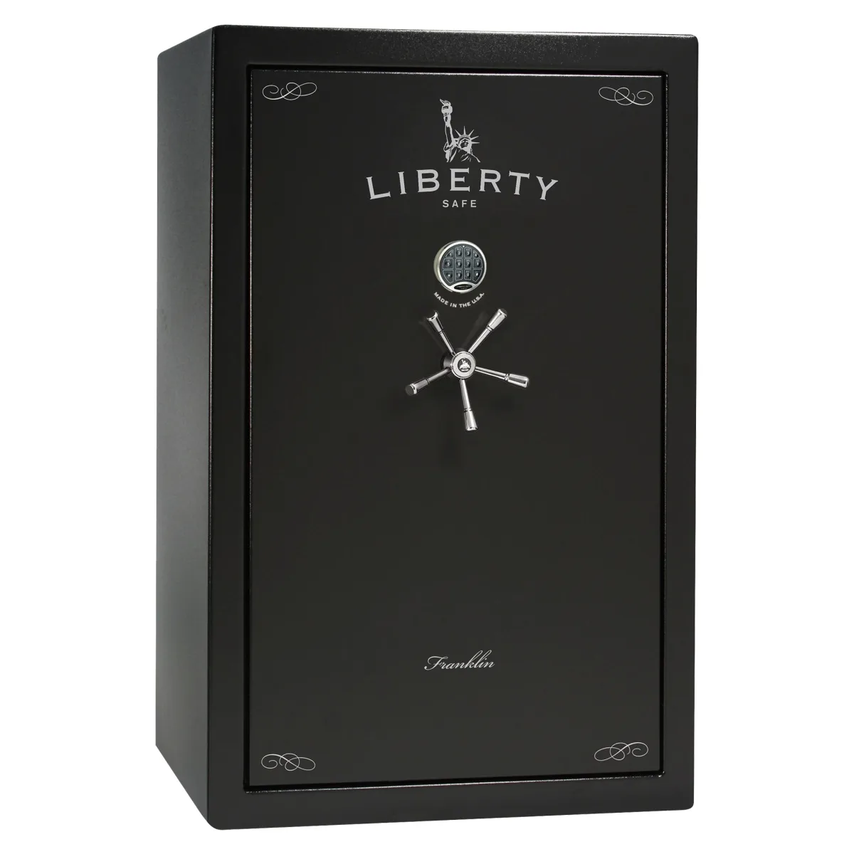 Liberty New Franklin 45 shown closed in black with a mechanical dial, a spoke handle, and decorative corner details.