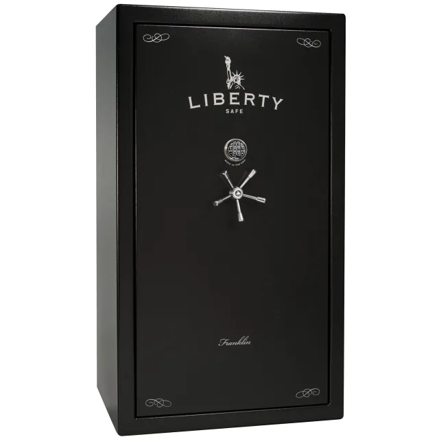 Liberty New Franklin 50 shown closed in black with a mechanical dial, a spoke handle, and decorative corner details.
