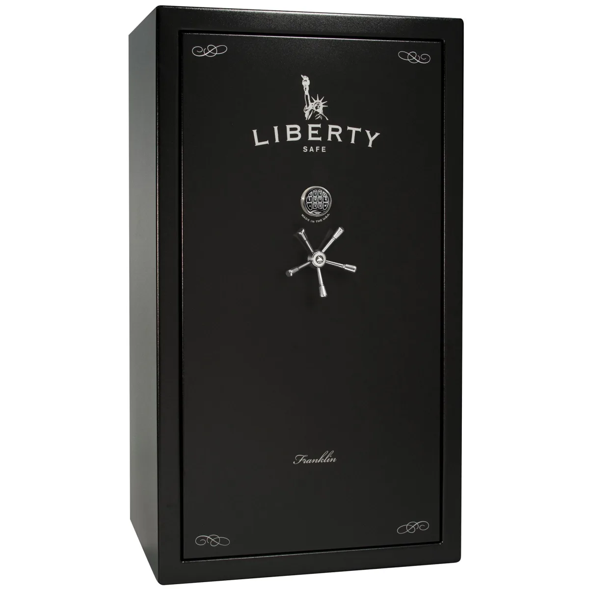 Liberty New Franklin 50 shown closed in black with a mechanical dial, a spoke handle, and decorative corner details.