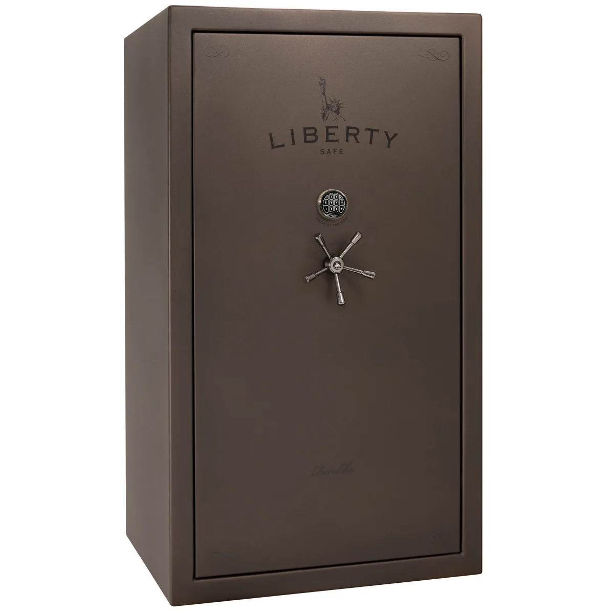 Liberty New Franklin 50 shown closed in brown with a mechanical dial, a spoke handle, and decorative corner details.
