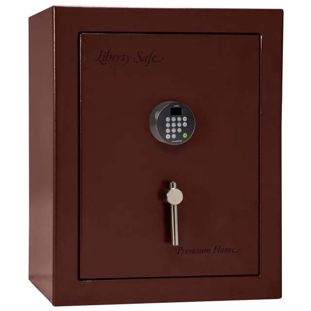Liberty Premium Home LP08 shown closed in deep red with an electronic keypad and a vertical drop handle.