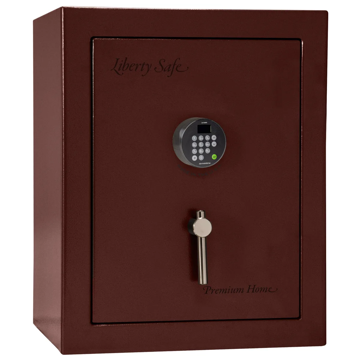 Liberty Premium Home LP08 shown closed in deep red with an electronic keypad and a vertical drop handle.
