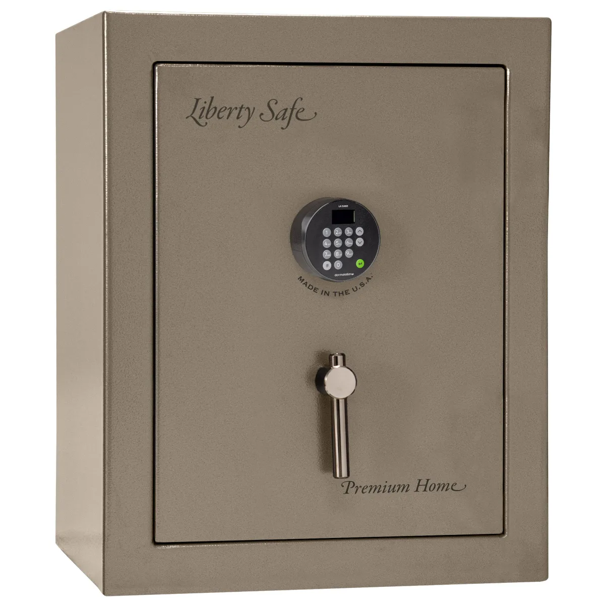 Liberty Premium Home LP08 shown closed in tan with an electronic keypad and a vertical drop handle.