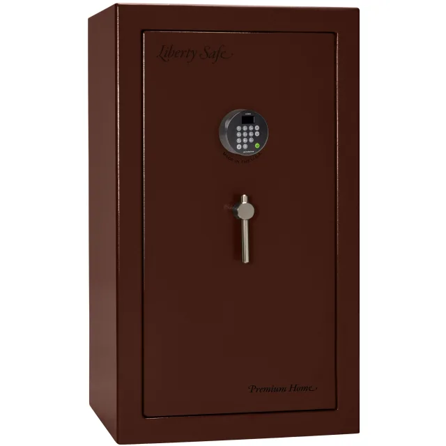 Liberty Premium Home LP12 shown closed in deep red with an electronic keypad and a vertical drop handle.