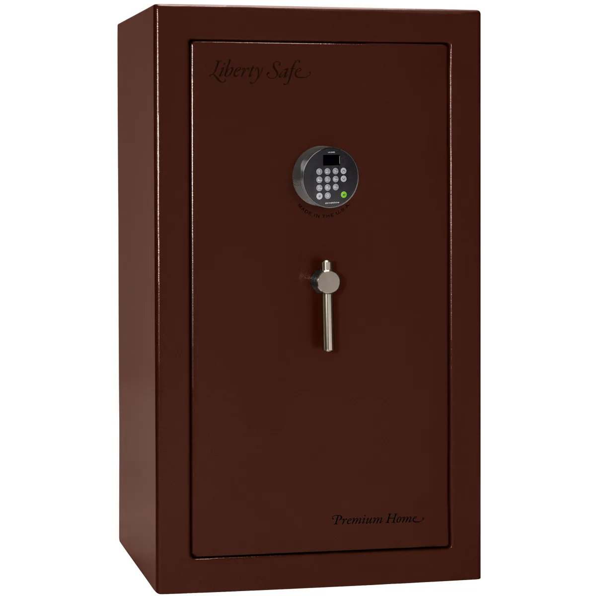 Liberty Premium Home LP12 shown closed in deep red with an electronic keypad and a vertical drop handle.