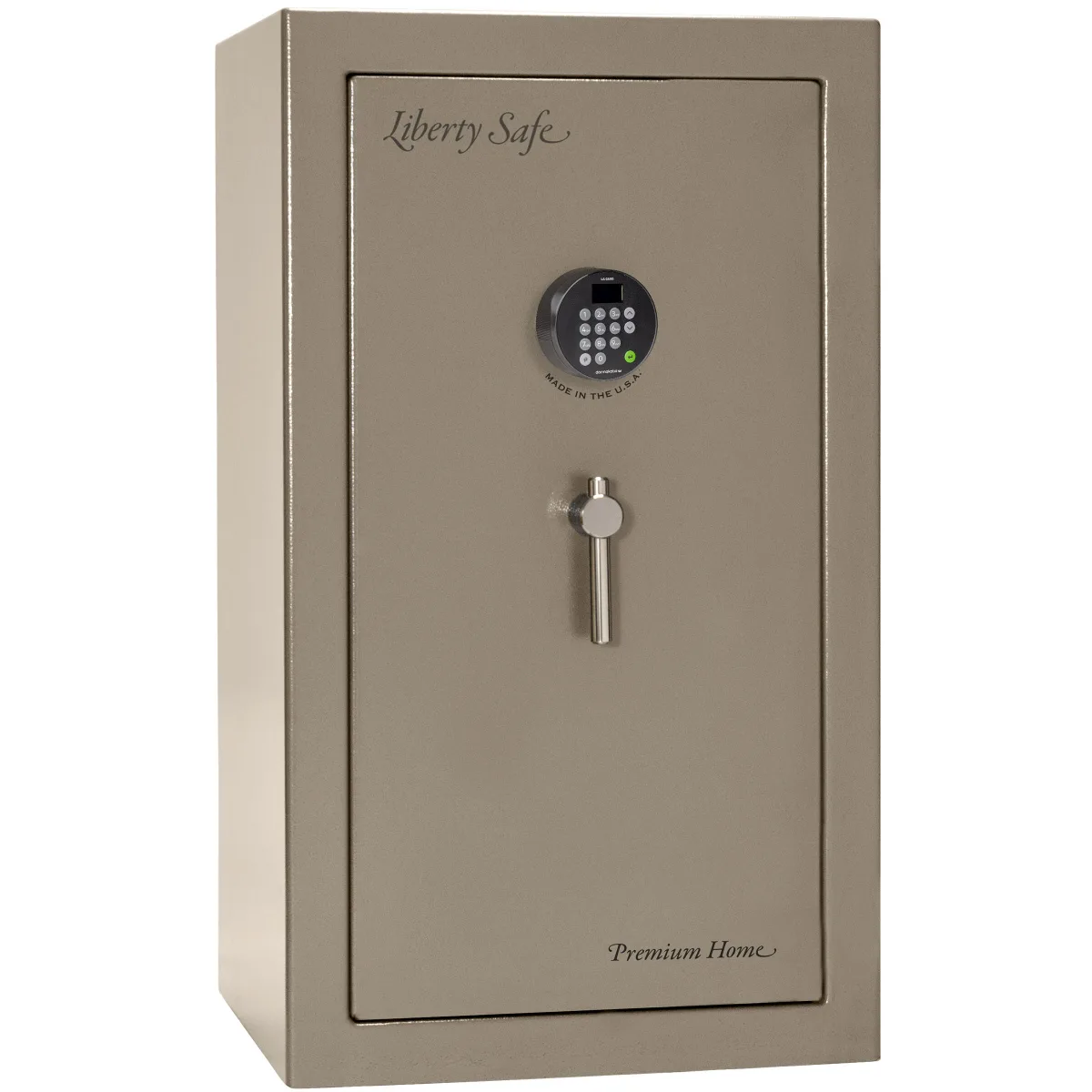 Liberty Premium Home LP12 shown closed in tan with an electronic keypad and a vertical drop handle.