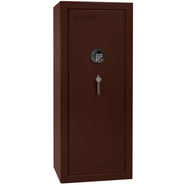 Liberty Premium Home LP17 shown closed in deep red with an electronic keypad and a vertical drop handle.