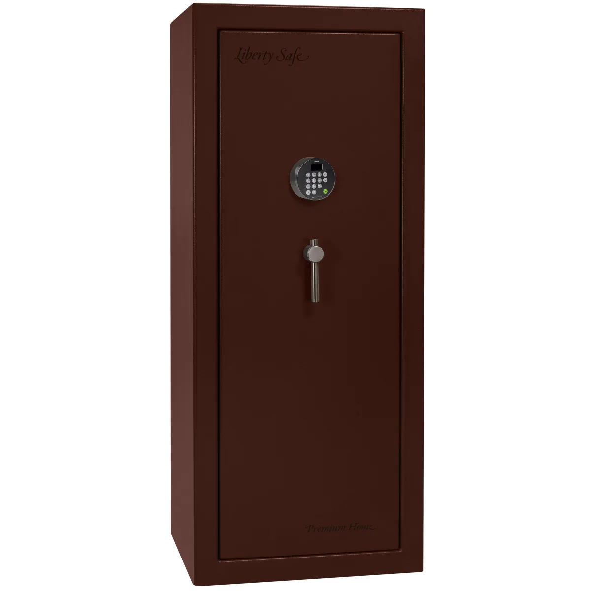 Liberty Premium Home LP17 shown closed in deep red with an electronic keypad and a vertical drop handle.