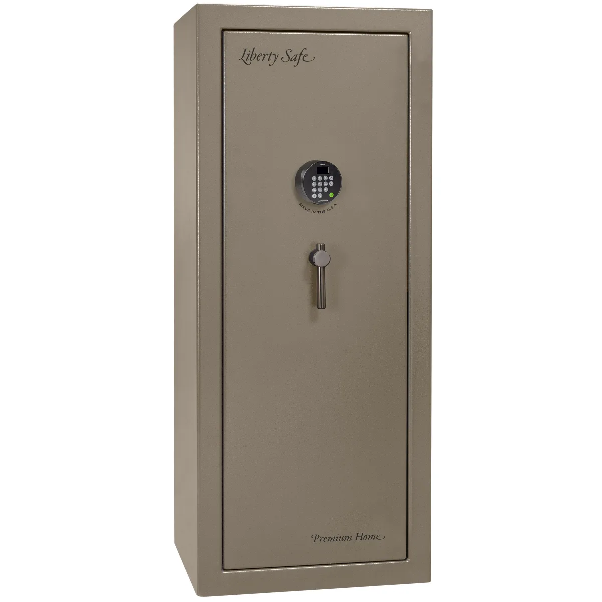 Liberty Premium Home LP17 shown closed in tan with an electronic keypad and a vertical drop handle.