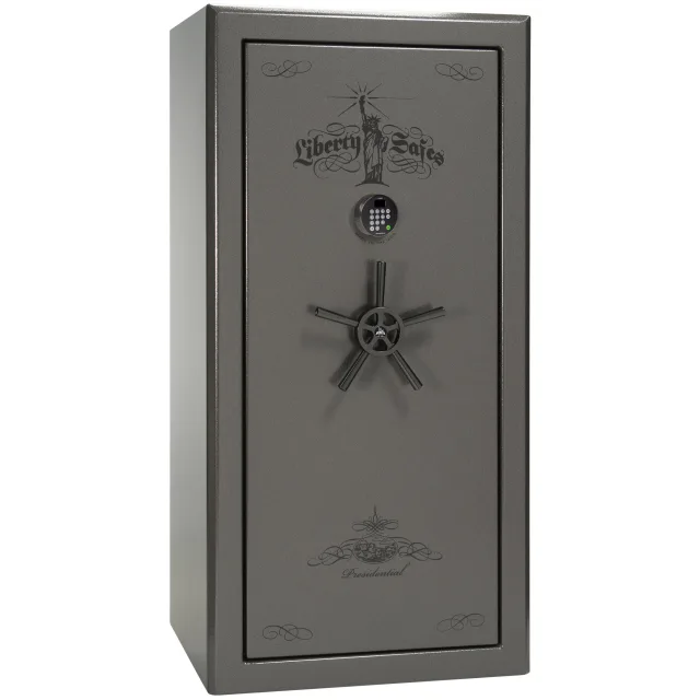 Liberty Presidential 25 shown closed in gray with an electronic keypad, a wheel-style handle, and decorative door graphics.