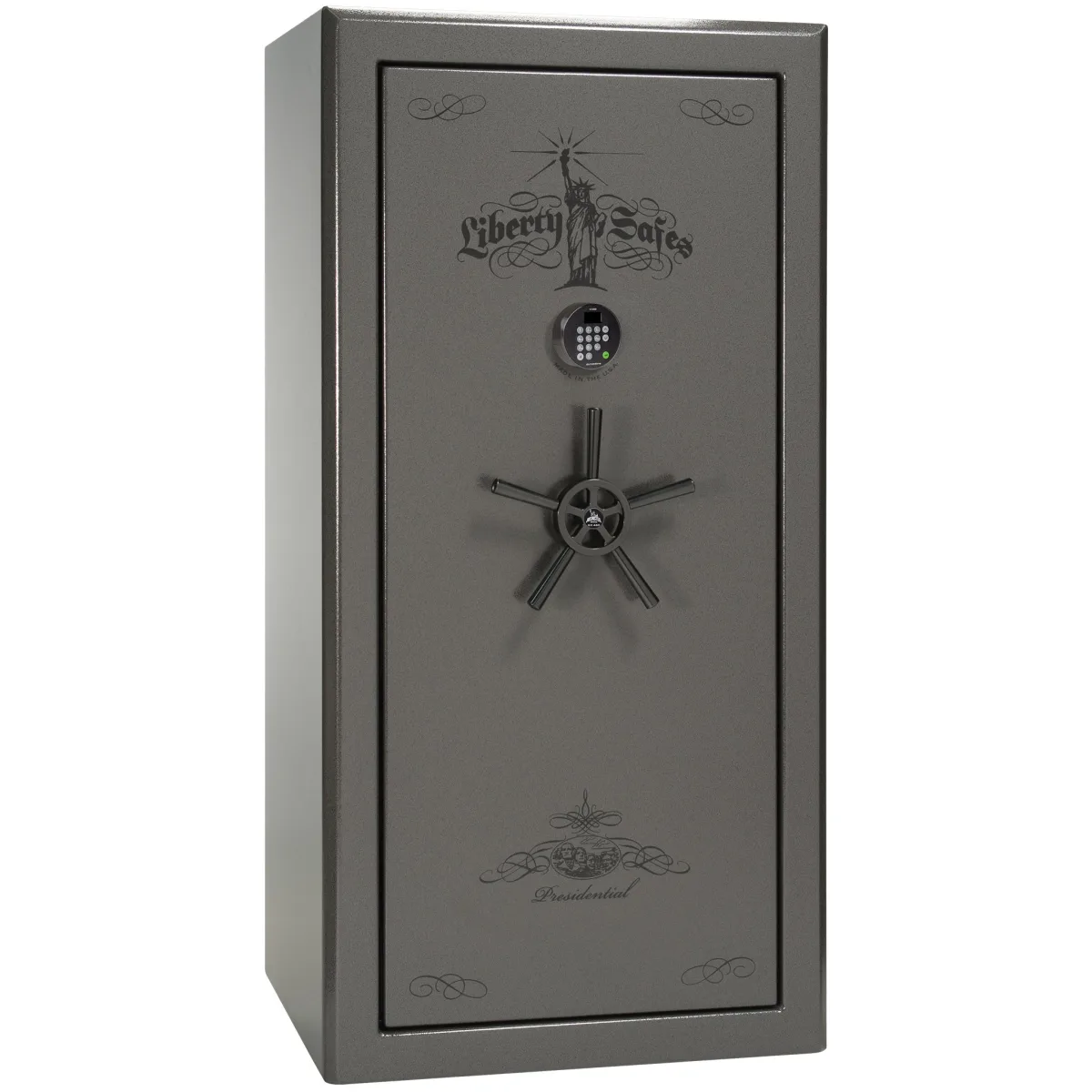 Liberty Presidential 25 shown closed in gray with an electronic keypad, a wheel-style handle, and decorative door graphics.