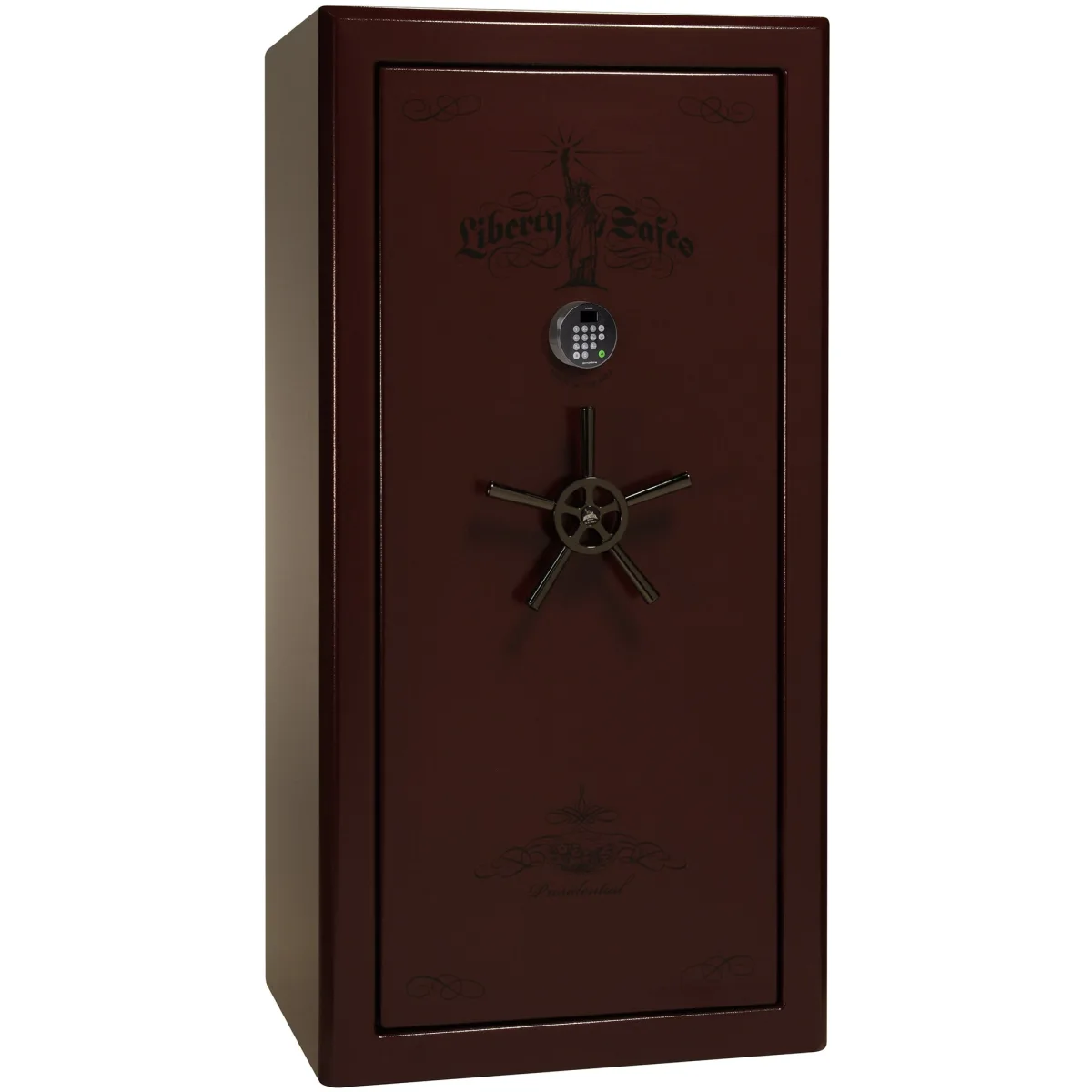 Liberty Presidential 25 shown closed in deep red with an electronic keypad, a wheel-style handle, and decorative door graphics.