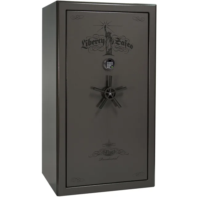 Liberty Presidential 40 shown closed in gray with an electronic keypad, a wheel-style handle, and decorative door graphics.
