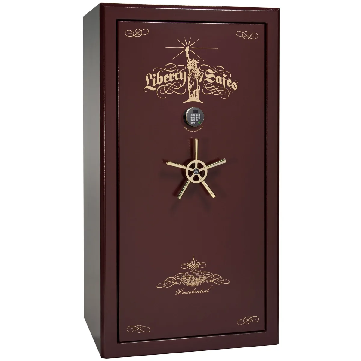 Liberty Presidential 40 shown closed in deep red with an electronic keypad, a wheel-style handle, and decorative door graphics.