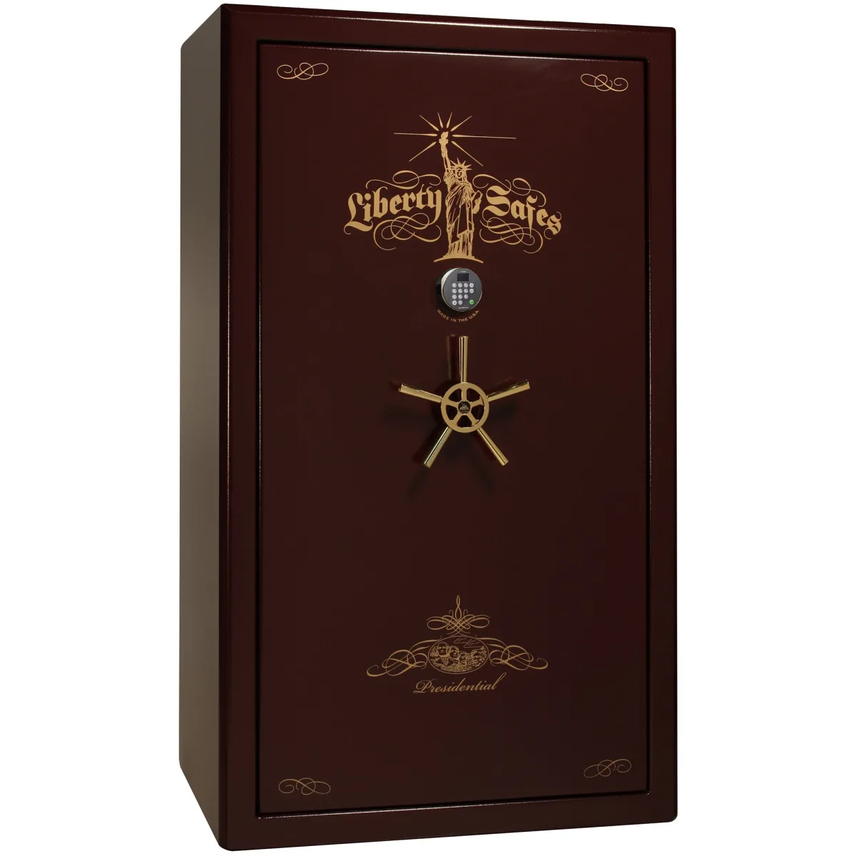 Liberty Presidential 50 shown closed in deep red with an electronic keypad, a wheel-style handle, and decorative door graphics.