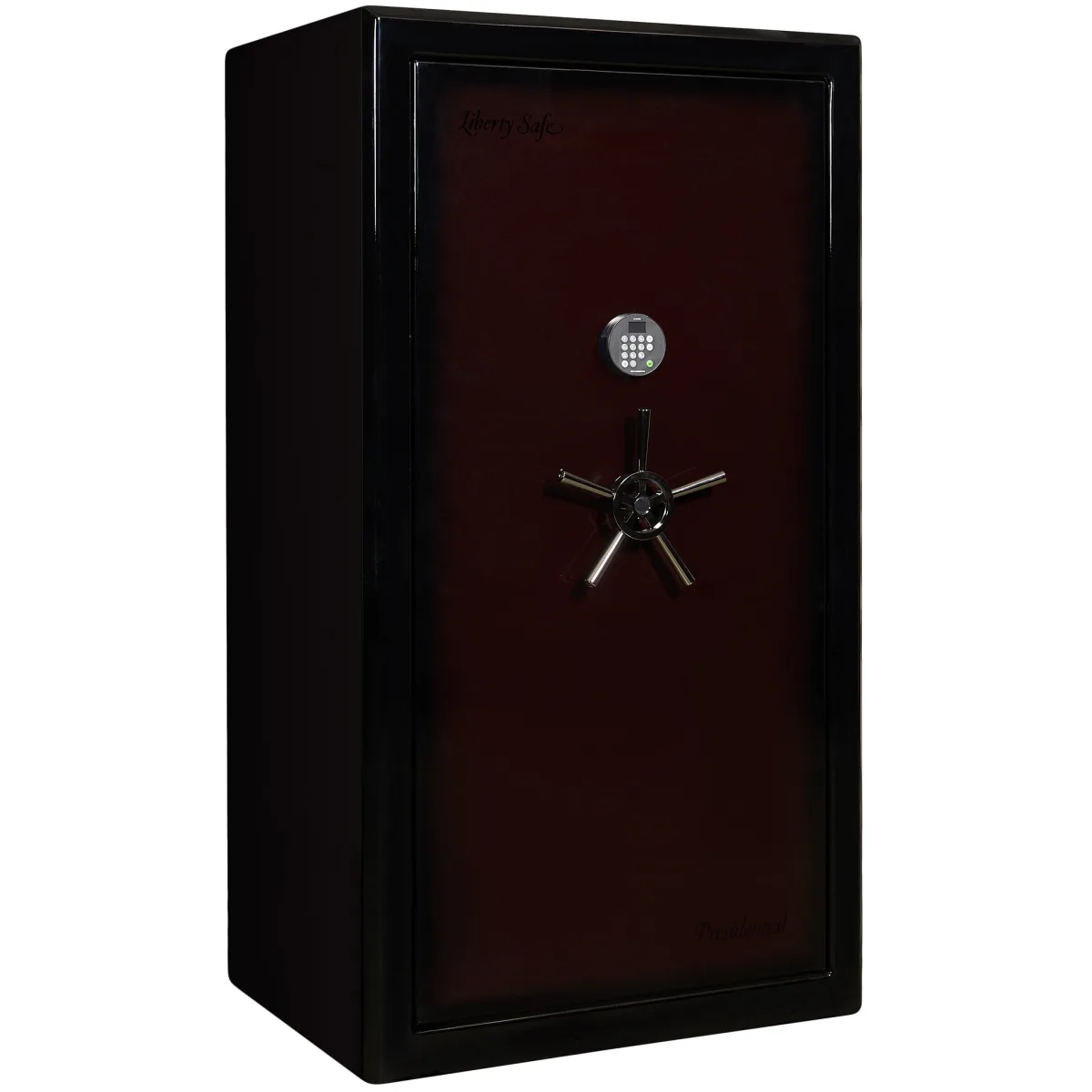Liberty Presidential Signature 40 shown closed in deep red inset door with a black outer frame with an electronic keypad and a wheel-style handle.