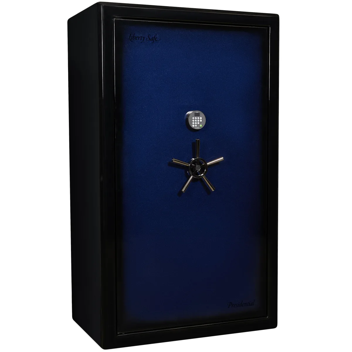 Liberty Presidential Signature 50 shown closed in navy inset door with a black outer frame with an electronic keypad and a wheel-style handle.