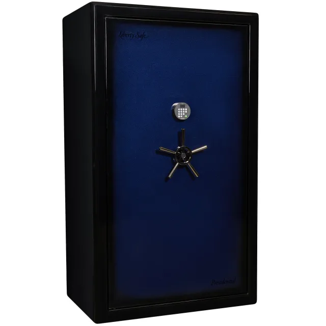 Liberty Presidential Signature 50 shown closed in navy inset door with a black outer frame with an electronic keypad and a wheel-style handle.