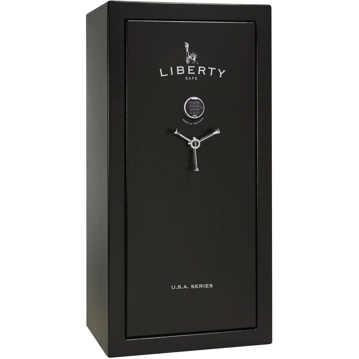 Liberty USA 30 shown closed in black with an electronic keypad and a three-spoke handle.