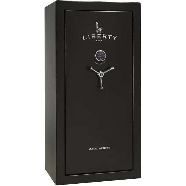 Liberty USA 30 shown closed in black with an electronic keypad and a three-spoke handle.