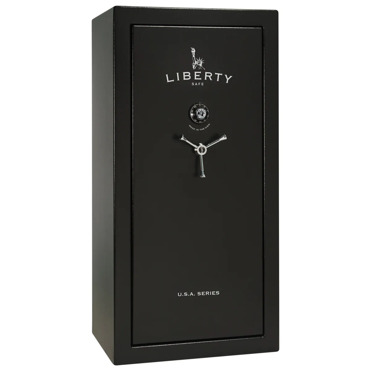 Liberty USA 30 shown closed in black with a mechanical dial and a three-spoke handle.