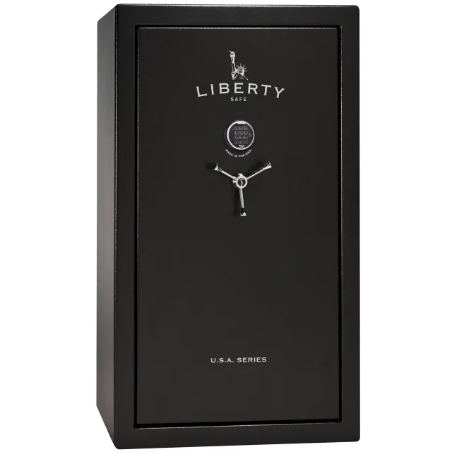 Liberty USA 36 shown closed in black with an electronic keypad and a three-spoke handle.