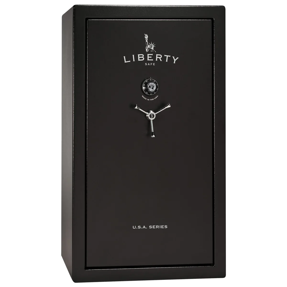 Liberty USA 36 shown closed in black with a mechanical dial and a three-spoke handle.