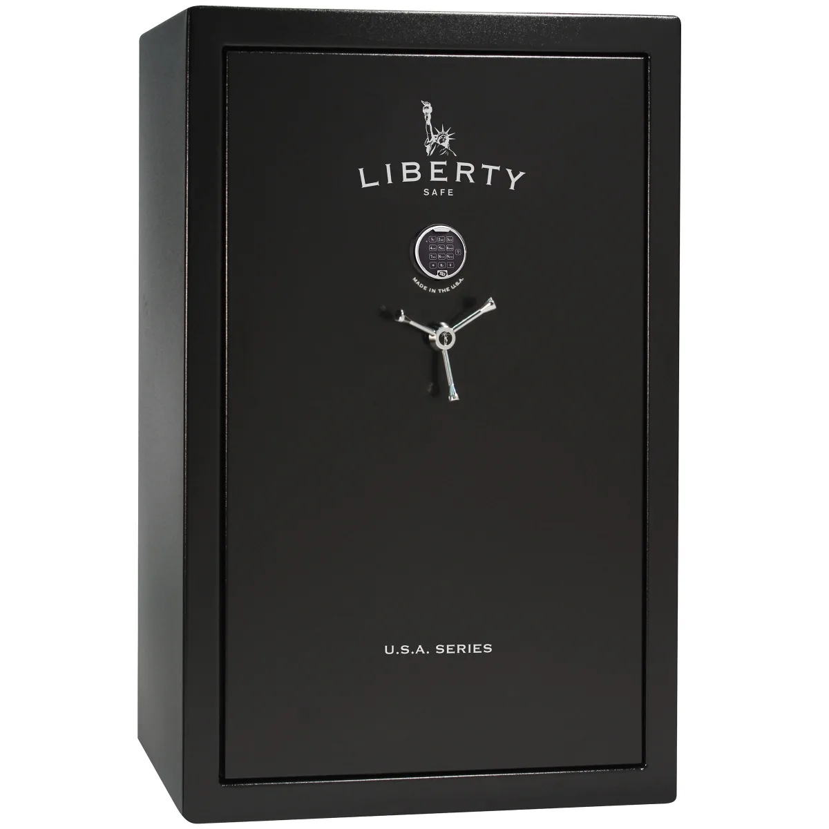 Liberty USA 48 shown closed in black with an electronic keypad and a three-spoke handle.