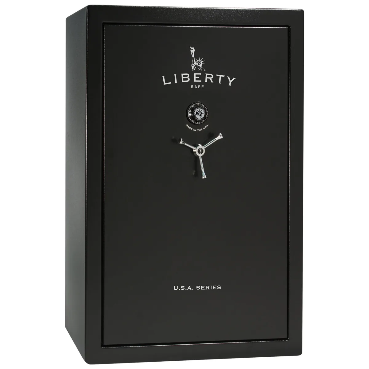 Liberty USA 48 shown closed in black with a mechanical dial and a three-spoke handle.