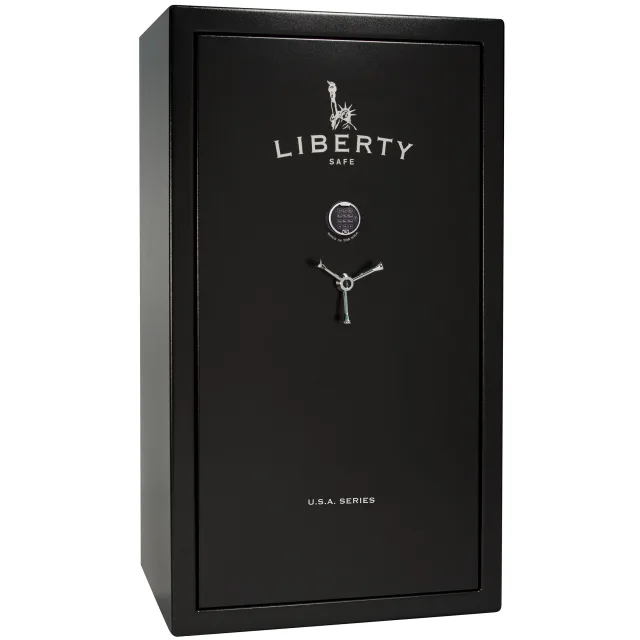 Liberty USA 50 shown closed in black with an electronic keypad and a three-spoke handle.