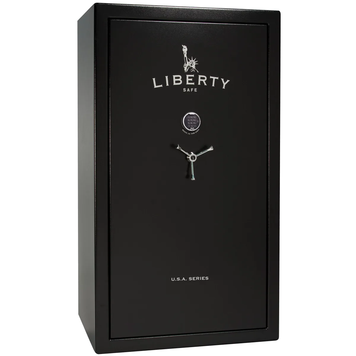 Liberty USA 50 shown closed in black with an electronic keypad and a three-spoke handle.