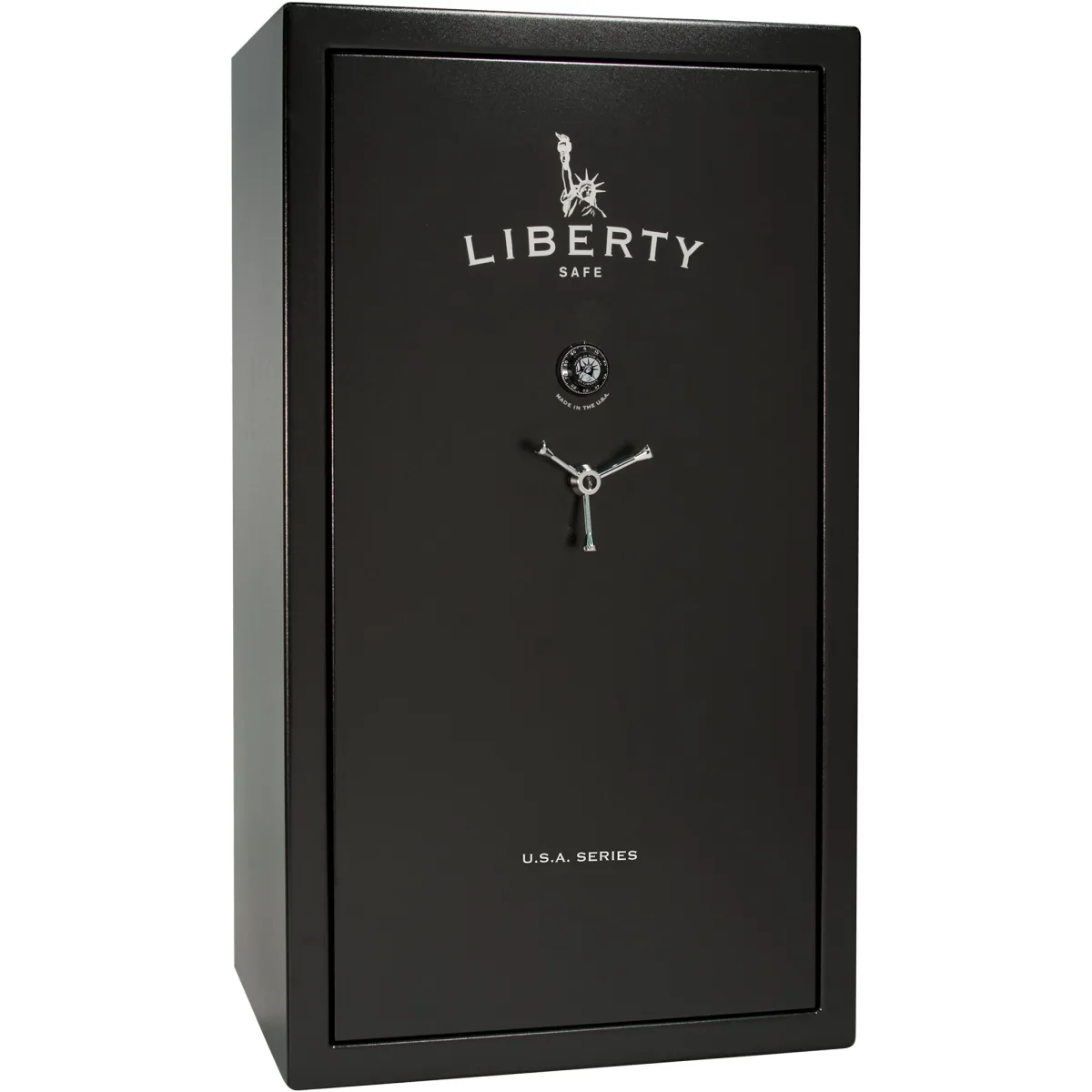 Liberty USA 50 shown closed in black with a mechanical dial and a three-spoke handle.