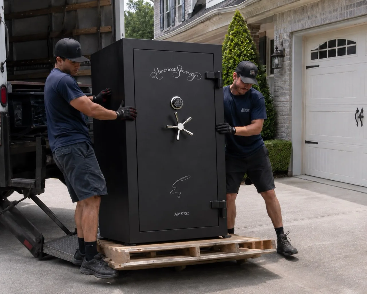 Houston Safe & Lock delivery crew positioning an American Security safe at a home