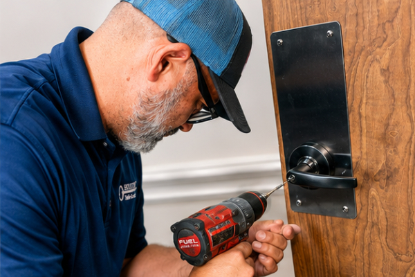 Locksmith installing a door lock