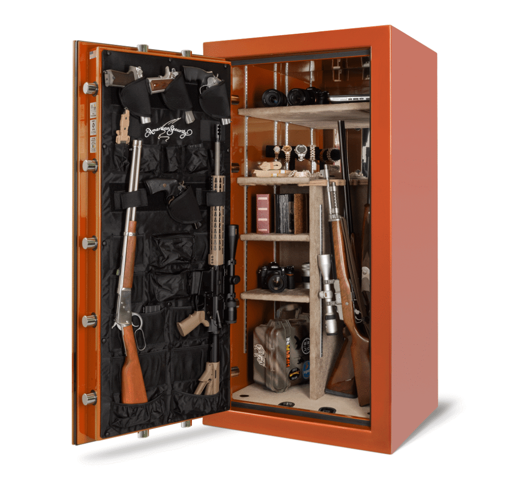 American Security BFX6030 burnt-orange gun safe open with firearms, cameras, and valuables