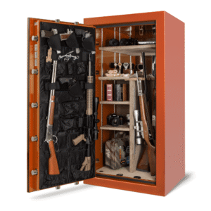 American Security BFX6030 burnt-orange gun safe open with firearms, cameras, and valuables
