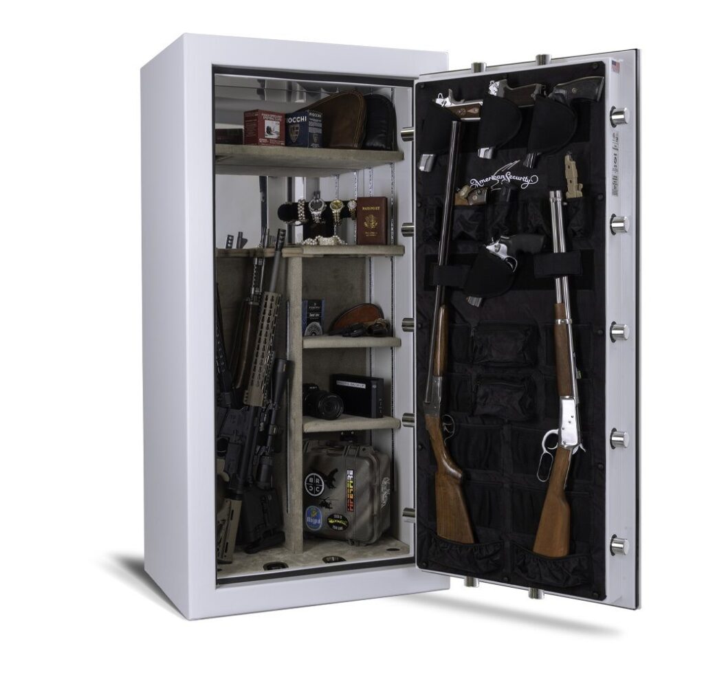 American Security BFX6032 white gun safe open with firearms and valuables
