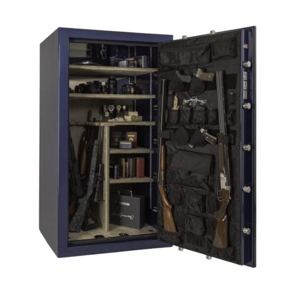 American Security BFX6636 blue gun safe open and filled with firearms, cameras, and valuables