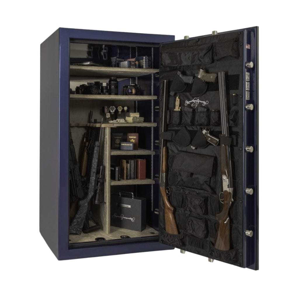 American Security BFX6636 blue gun safe open and filled with firearms, cameras, and valuables