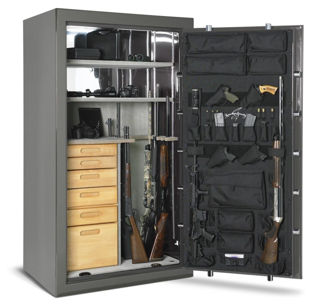 American Security BFX7240 gun safe open with firearms, cameras, and accessories