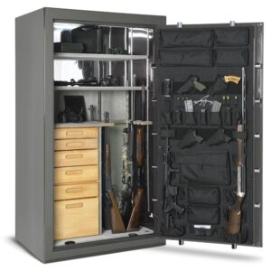 American Security BFX7240 gun safe open with firearms, cameras, and accessories
