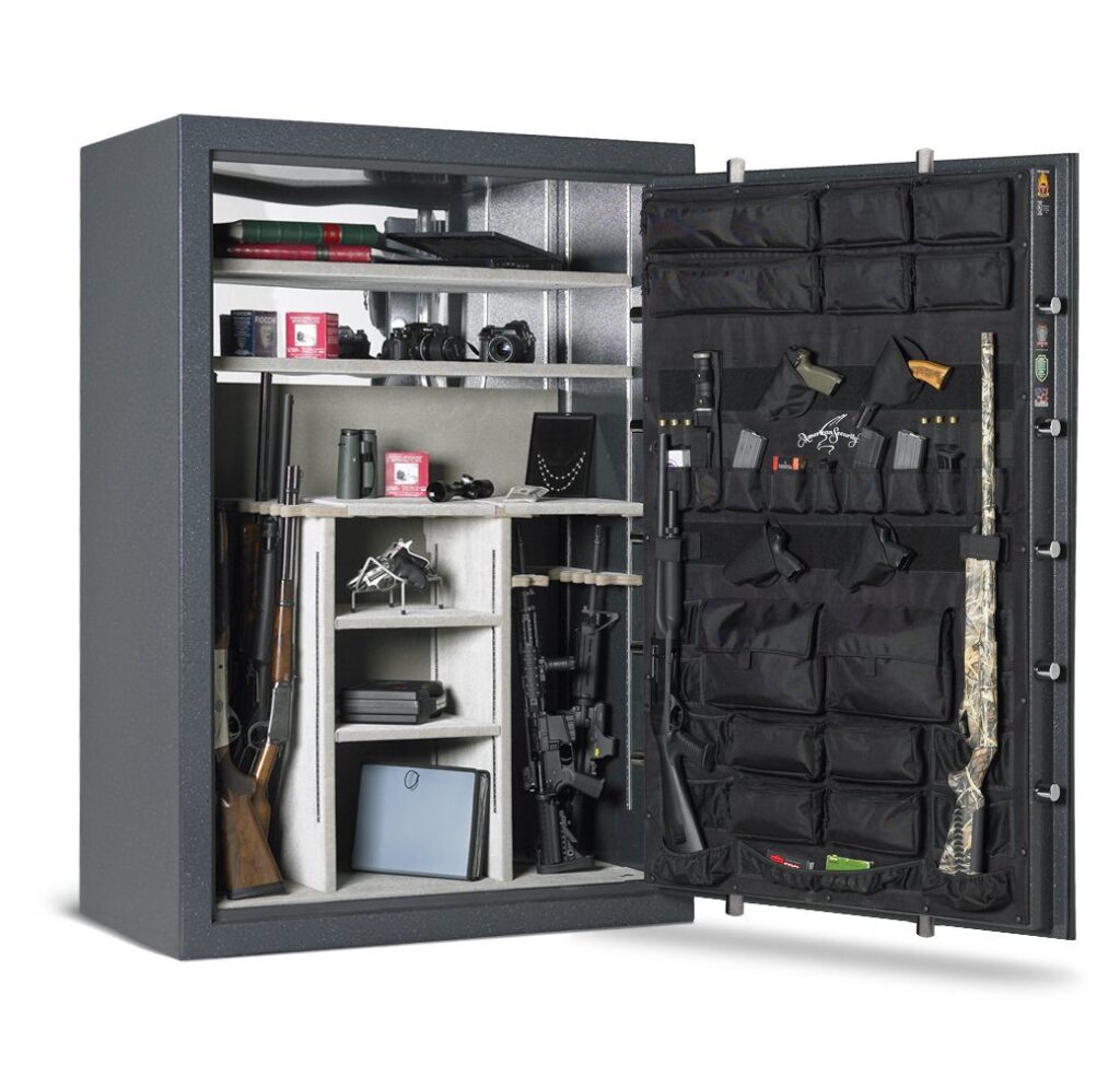 American Security BFX7250 gun safe open with firearms, cameras, and valuables