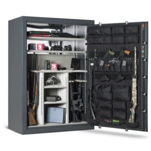 American Security BFX7250 gun safe open with firearms, cameras, and valuables