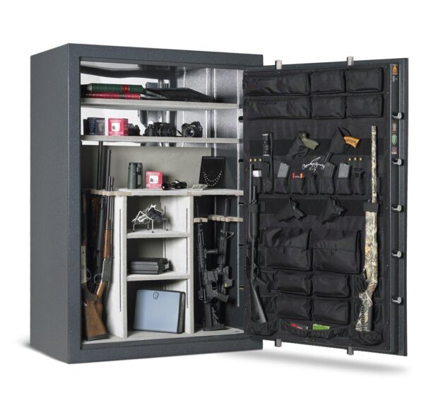 American Security BFX7250 gun safe open with firearms, cameras, and valuables