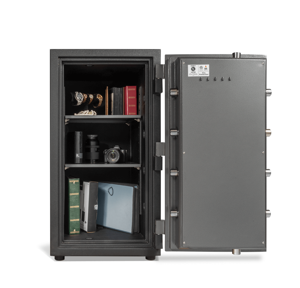 Open home safe containing valuables and documents