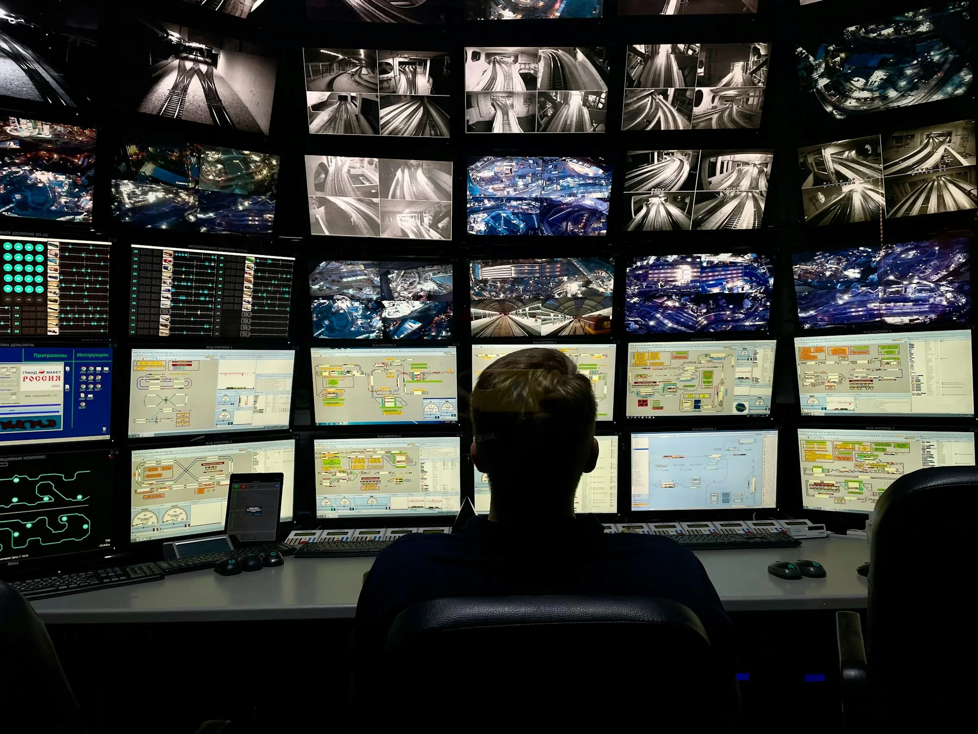 Operator reviewing multiple transit surveillance-camera feeds